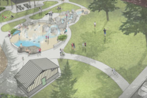 A bird's-eye view of the type of interactive water feature that could be included in Crown Park renovations is shown in this illustration by Greenworks, PC, the consultant firm that developed the master plan for Camas' Crown Park in 2018. (Contributed illustration courtesy of the city of Camas)