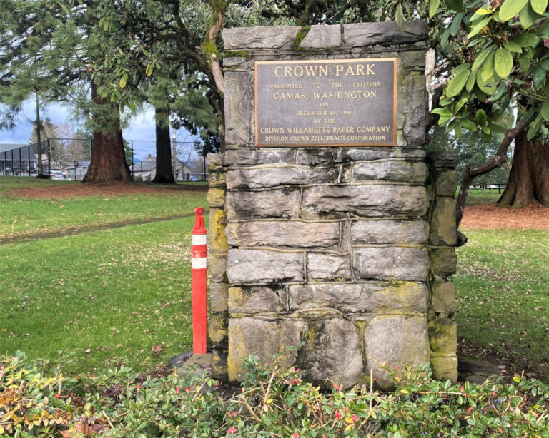 Kelly Moyer/Post-Record 
 A memorial honoring the dedication of Crown Park to the citizens of Camas sits in the park&#039;s southwestern corner on Dec. 23, 2021. (Illustration courtesy of the city of Camas)