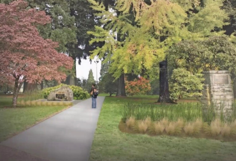 An illustration shows how the southwest corner of Crown Park may someday appear after a World War II memorial (left), which honors 22 Camas paper mill workers who and died serving in the armed forces during World War II, moves to this section of the park.
