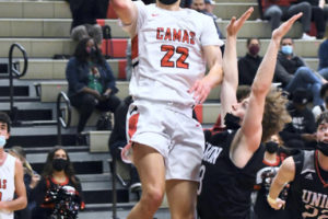 Camas High School senior Carson Frawley, pictured during a February 2021 basketball game against Union High, tied a school record with 43 points against Evergreen High in January 2022. (Contributed photo courtesy of Kris Cavin)