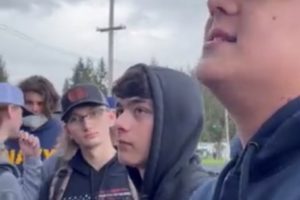 Washougal students gather at Fishback Stadium on Monday, Jan. 31, 2022, to protest a Washington state mandate requiring students to wear face coverings inside K-12 school buildings to help curb the spread of COVID-19. (Screenshot of video by Kelly Moyer/Post-Record)