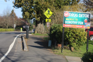 A "No Drug Detox Next to Dorothy Fox" stands in Camas' Prune Hill neighborhood on March 16, 2021. (Kelly Moyer/Post-Record files)