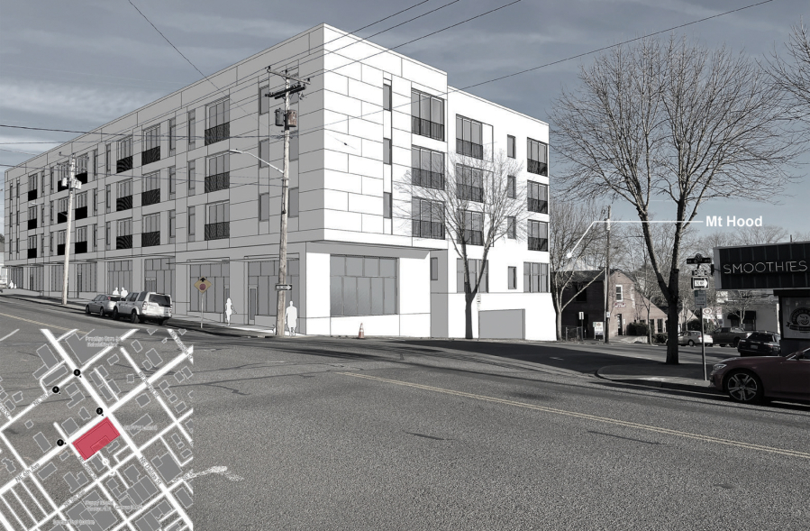An illustration shows a mixed-use development proposed for 404 N.E. Sixth Ave., in downtown Camas. If approved, the development would offer nearly 4,500 square feet of ground-floor retail, 56 apartments and onsite, 