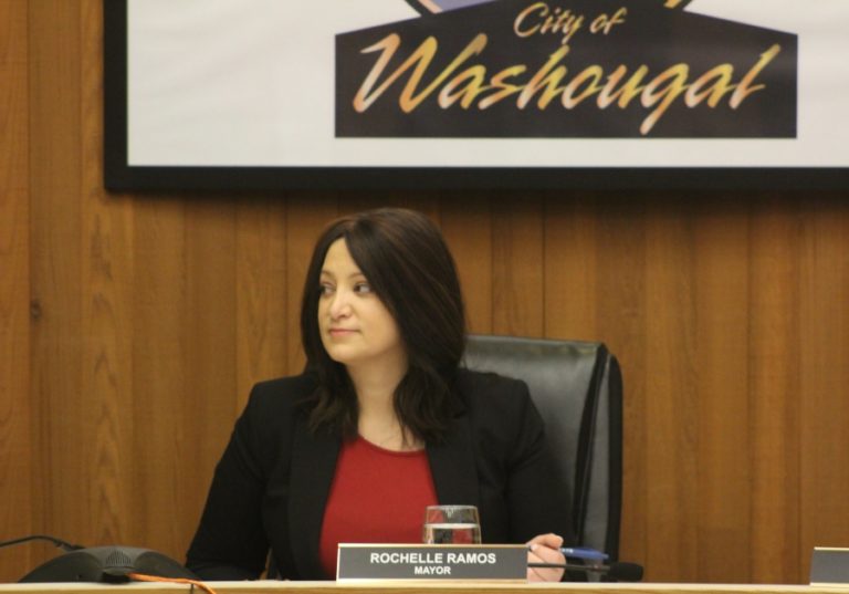 Washougal Mayor Rochelle Ramos listens to Washougal City Council member David Stuebe (not pictured) during a city council meeting at Washougal City Hall on March 14, 2022.