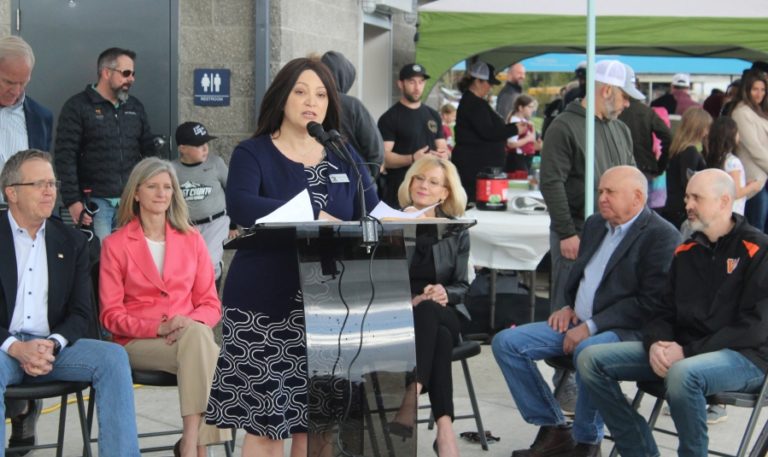 Doug Flanagan/Post-Record 
 Washougal Mayor Rochelle Ramos speaks during a ribbon-cutting ceremony at the George Schmid Memorial Ballfields complex on Friday, April 22.