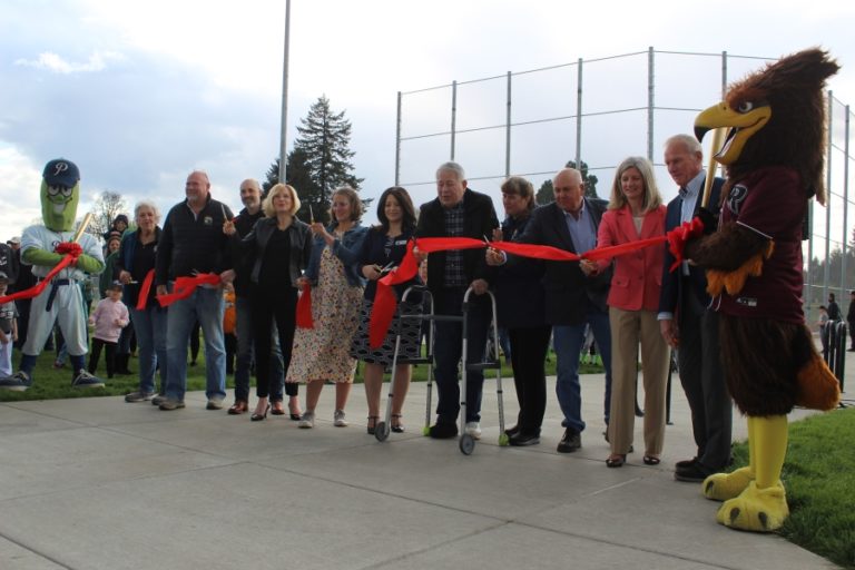 From left to right, Washougal City Council members Molly Coston and David Stuebe, Washougal School Board President Cory Chase, Washougal School District Superintendent Mary Templeton, East County Little League President Danielle Neumann, Washougal Mayor Rochelle Ramos, Washougal City Council members Ernie Suggs and Michelle Wagner, Colf Construction owner Bob Colf, state Sen. Ann Rivers and state Rep.
