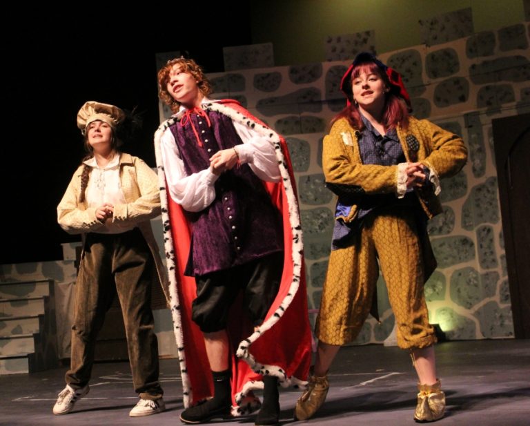 Washougal High School drama students (from left to right) Trinatee Brajevich, Dawson Sprinkle and Phoenix Mitchell-Hopmeier perform during a rehearsal session at the WHS Washburn Theater on Monday, May 9, 2022.
