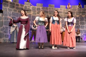 Washougal High School drama students (from left to right) Bailey Cole, Adyson Dahl, Shelby Rappe and Lana White perform during a rehearsal session at Washburn Theater on Monday, May 9, 2022. The Washougal High drama department will present its spring musical, "Once Upon a Mattress," Thursday through Saturday,  May 12-14, 2022. (Doug Flanagan/Post-Record)