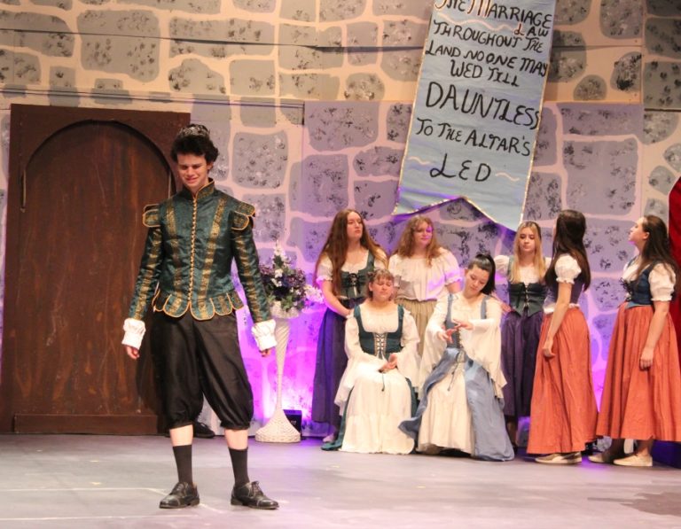 Doug Flanagan/Post-Record 
 Washougal High School drama student Dylan Elmore (left) performs during a rehearsal session on Monday, May 9, at Washburn Theater. Elmore is playing the role of Prince Dauntless in the Washougal High drama department&#039;s production of &quot;Once Upon a Mattress.&quot;