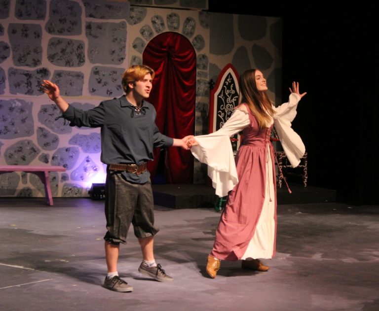 Doug Flanagan/Post-Record 
 Washougal High School drama students Blake Scott and Claire Zakovics perform during a rehearsal session on Monday, May 9, at Washburn Theater. The Washougal High drama department will present its spring musical, &quot;Once Upon a Mattress,&quot; on Thursday, May 12, Friday, May 13, and Saturday, May 14.