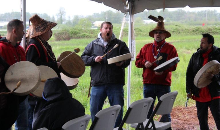 Doug Flanagan/Post-Record 
 Members of the Chinook Indian Nation sing a song at the Steigerwald Lake National Wildlife Refuge in Washougal on Saturday, May 7.