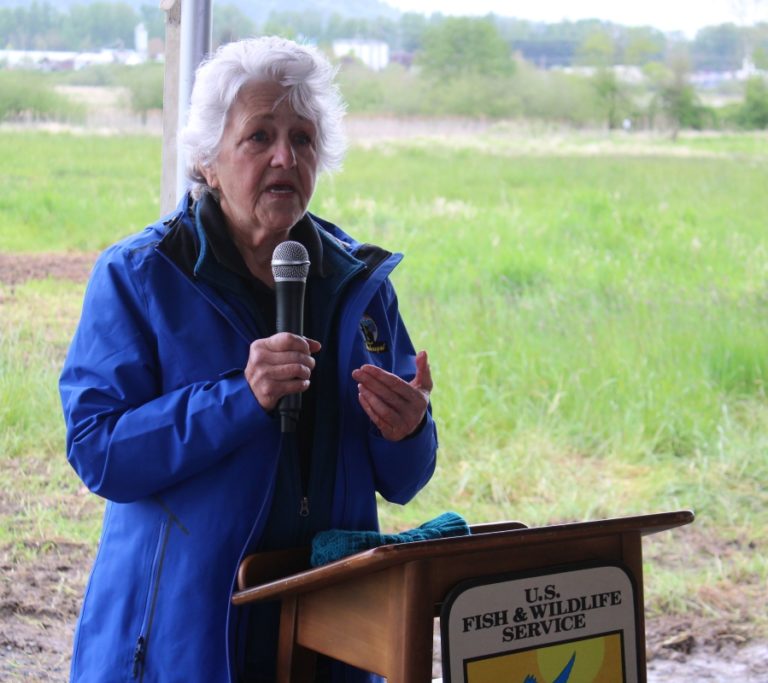 Doug Flanagan/Post-Record 
 Washougal council woman Molly Coston speaks during a ceremony at Steigerwald Lake National Wildlife Refuge in Washougal on Saturday, May 7.