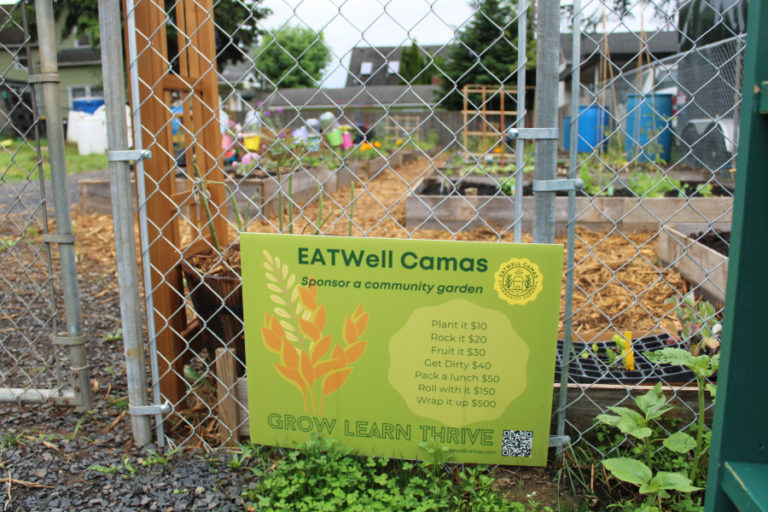 A sign outside a new community garden in downtown Camas shows various levels of community sponsorship for the garden on June 4, 2022.