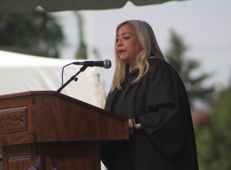 Doug Flanagan/Post-Record 
 Washougal High School principal Sheree Gomez-Clark speaks during the school&#039;s class of 2022 commencement ceremony at Fishback Stadium on Saturday, June 11.