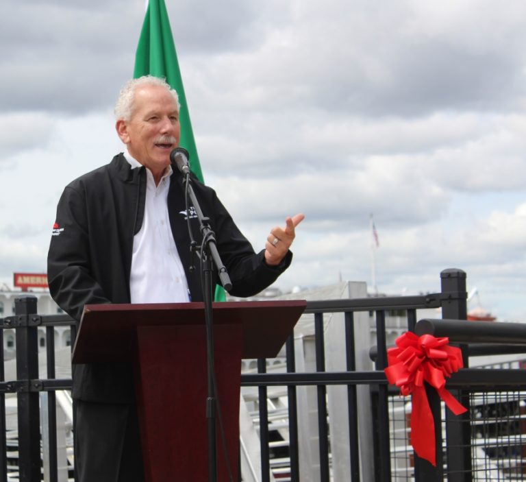 Doug Flanagan/Post-Record 
 American Queen Voygages founder and chairman John Waggoner speaks at Washougal Waterfront Park on Wednesday, June 8.