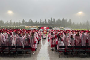 Graduating seniors from Camas High School's class of 2022 gather for their high school commencement ceremony, held at Doc Harris Stadium in Camas on Friday, June 10, 2022. (Contributed photo by Doreen McKercher, courtesy of Camas School District)