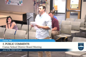 Camas parent Brandon Collier speaks during a Camas School Board meeting on June 27, 2022. Collier asked school officials to meet with wrestling families in the wake of revelations that a former Camas girls wrestling coach, Mark Yamashita (not pictured), has been charged with the third-degree rape of a child. (Screenshot by Kelly Moyer/Post-Record)