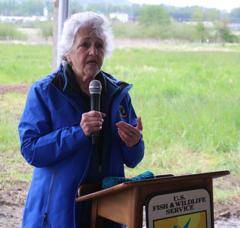 Molly Coston speaks during a ceremony at the Steigerwald Lake National Wildlife Refuge on Saturday, May 7, 2022. Coston, a Washougal City Council member, is queen of the 2022 Camas Days Senior Royal Court.