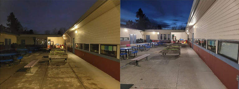 Washougal School District facilities, maintenance and grounds manager Jessica Beehner took &quot;before and after&quot; photos in the Gause Elementary School&#039;s courtyard to show what the area looked like &quot;before,&quot; in 2021, (left) and after the district installed LED lights in 2022 (right).
