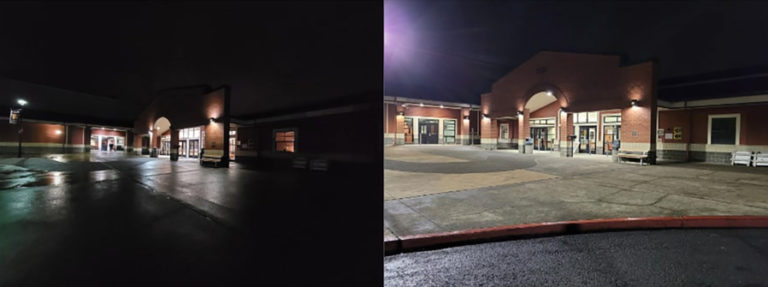 Contributed photo courtesy Jessica Beehner
Photographs taken by Washougal School District facilities, maintenance and grounds manager Jessica Beehner in 2021 (left) and earlier this year (right) show a large difference in lighting quality at Washougal High School&#039;s main entrance. The district completed a $110,000 project earlier this spring to replace and upgrade the vast majority of the external lighting at three school buildings and several other facilities.
