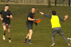 Members of the Goot Times Ultimate team (from left to right) Isaac Burunov, Curtis Bedont and Evan Johnson play Ultimate Frisbee at Goot Park in Camas in 2022. (Contributed photo by Lucky Truong)