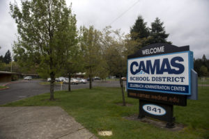The Camas School District Zellerbach Administration Center is pictured Wednesday afternoon, April 15, 2020. (Amanda Cowan/The Columbian)