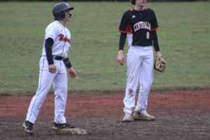 Washougal High School baseball player Damien Panko (left) plays in a home game against Centralia in March 2022. (Doug Flanagan/Post-Record files)
