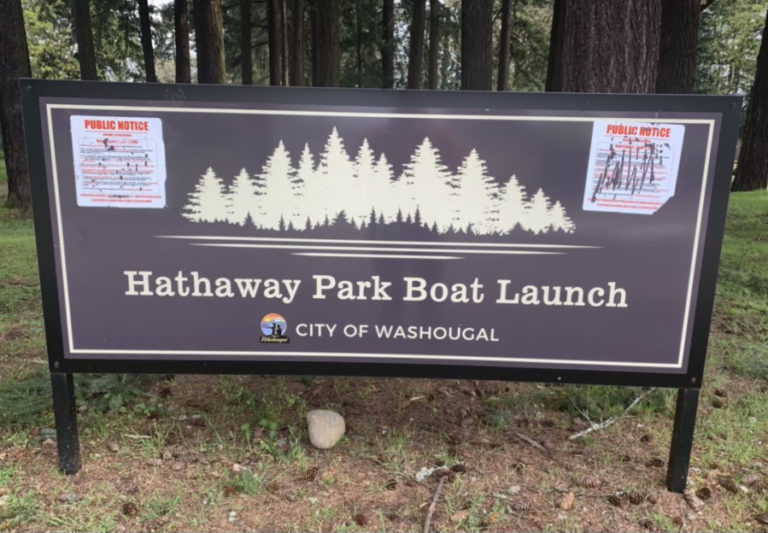Graffiti is scrawled on the city of Washougal&#039;s Hathaway Park Boat Launch sign.