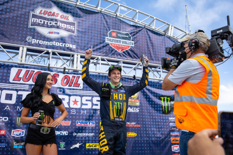 Washougal resident Levi Kitchen celebrates his first &quot;podium finish&quot; after placing third at the Lucas Oil Pro Motocross Championship&#039;s Thunder Valley National on Saturday, June 11, 2022, in Lakewood, Colo.