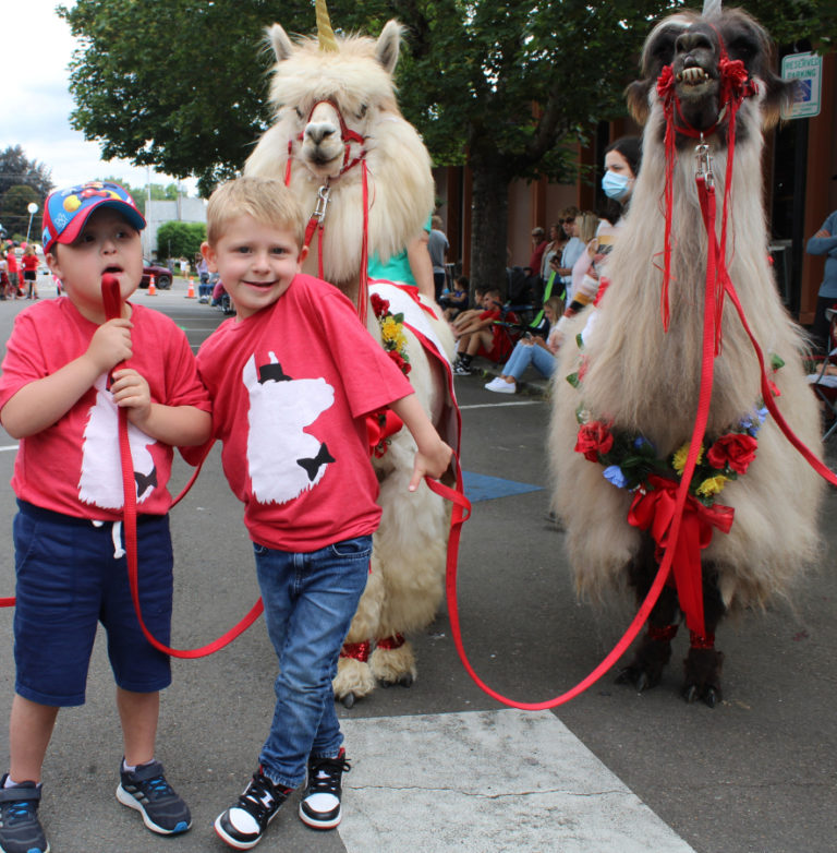 Isaiah Rollins, 7, (left) and Silas Wehrmann, 5, (right) stand with Napoleon and Smokey, therapy alpacas from the Clark County based Mtn Therapy Llamas and Alpacas, before the start of the 2022 Camas Days Kids Parade on Friday, July 22, 2022.