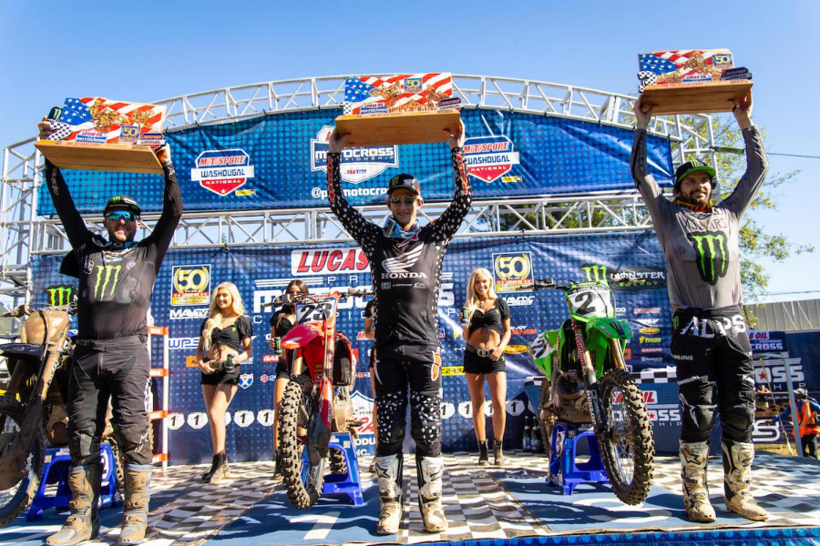 The 450 class race at the 2022 Lucas Oil Pro Motocross Championship's 2022 Washougal National event, held Saturday, July 23 at Washougal Motocross Park, came down to the two top racers of the season as Team Honda HRC's Chase Sexton (center) edged out Monster Energy Star Yamaha Racing's Eli Tomac (left) via tiebreaker for his second victory of the season. "That was a really good moto for me," Sexton said in a news release. "Eli was on me, but I kept fending him off. I finally got away and brought it home. It means a lot to me to win like that, and I'm really looking forward to these last four races. I couldn't be more happy to battle (for the championship) with a guy like Eli." Monster Energy Kawasaki's Jason Anderson (right) finished third. Contributed photo courtesy of Align Media