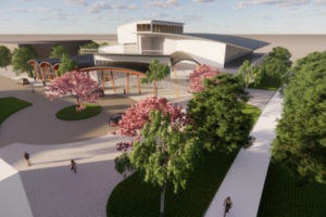 Renderings updated in 2022 show the exterior of a performing arts center supporters hope will someday be sited on the Washougal waterfront. (Contributed graphics courtesy of Martha Martin)