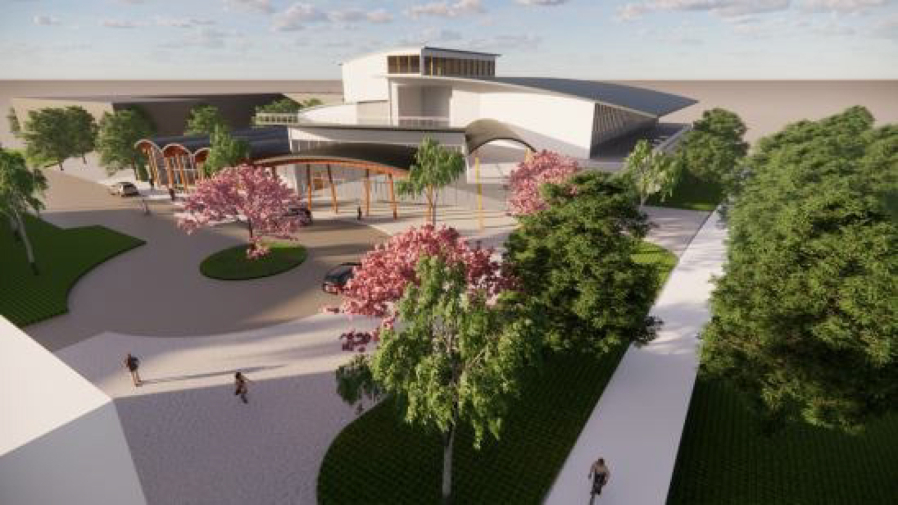 Renderings updated in 2022 show the exterior of a performing arts center supporters hope will someday be sited on the Washougal waterfront. (Contributed graphics courtesy of Martha Martin)