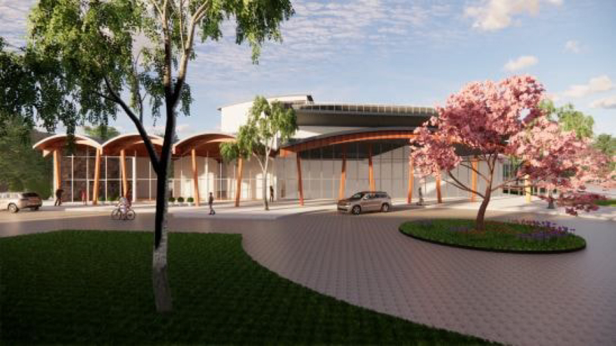 Contributed graphic courtesy Martha Martin 
 An updated rendering shows the exterior of the proposed performing arts and cultural center on the Washougal waterfront.