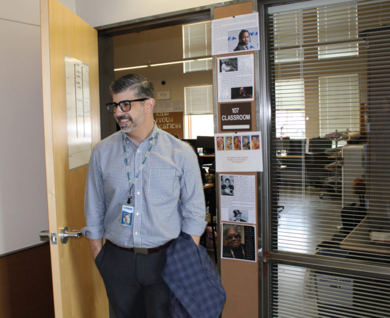 Camas School District Superintendent John Anzalone visits Hayes Freedom High School on March 28, 2022.