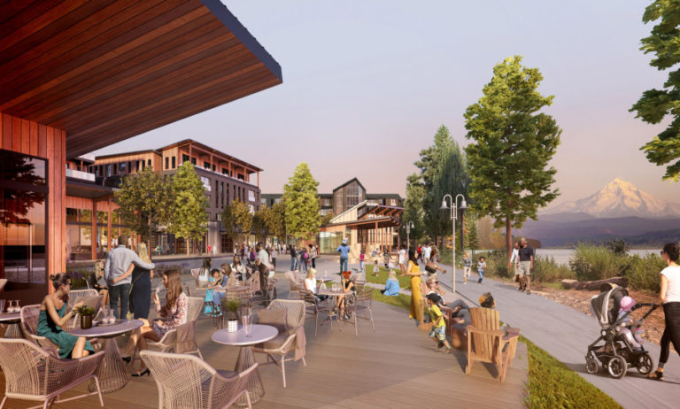 A rendering shows a bustling, &quot;gathering space,&quot; with Mount Hood views, at the Port of Camas-Washougal&#039;s and RKm Development&#039;s future Hyas Point development on the Washougal waterfront. RKm Development announced in August 2022 that they have selected &quot;Hyas Point&quot; as the officials name of the future development, which will include the 246-unit Ninebark apartment complex, commercial businesses, a public park and a link between the development and the public Washougal Waterfront Trail.