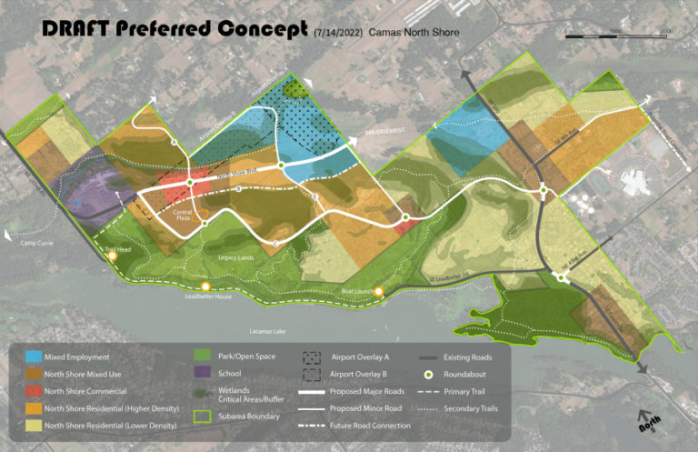 The latest "preferred concept" map shows possible zoning changes to accommodate lower- and higher-density residential, open spaces, commercial, mixed-use and business park areas in Camas' North Shore area.