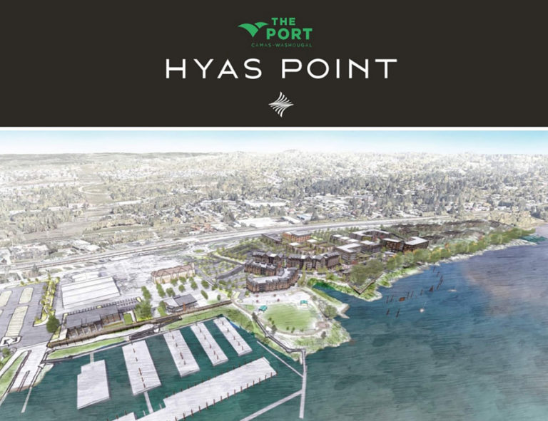 An illustration shows what the Port of Camas-Washougal&#039;s and RKm Development&#039;s future Hyas Point mixed-use development on the Washougal waterfront might look like from above.