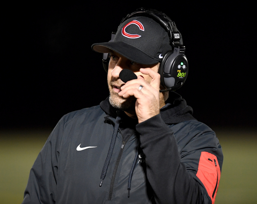 Camas head football coach Jack Hathaway looks onto the field Friday, Nov. 5, 2021, during the Papermakers' 57-20 win against Mount Rainier in a 4A GSHL playoff game at Doc Harris Stadium. (Photo courtesy of Taylor Balkom/The Columbian)