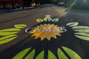 A painted street mural welcomes visitors to downtown Camas, near the Camas Public Library, Camas City Hall and Camas-Washougal Fire Department's headquarters, at the intersection of Northeast Fourth Avenue and Northeast Franklin Street on Monday, Aug. 29, 2022. (Kelly Moyer/Post-Record)