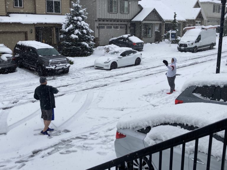 Washougal resident John Scukanec plays catch with a neighbor during a snowstorm in April 2022.