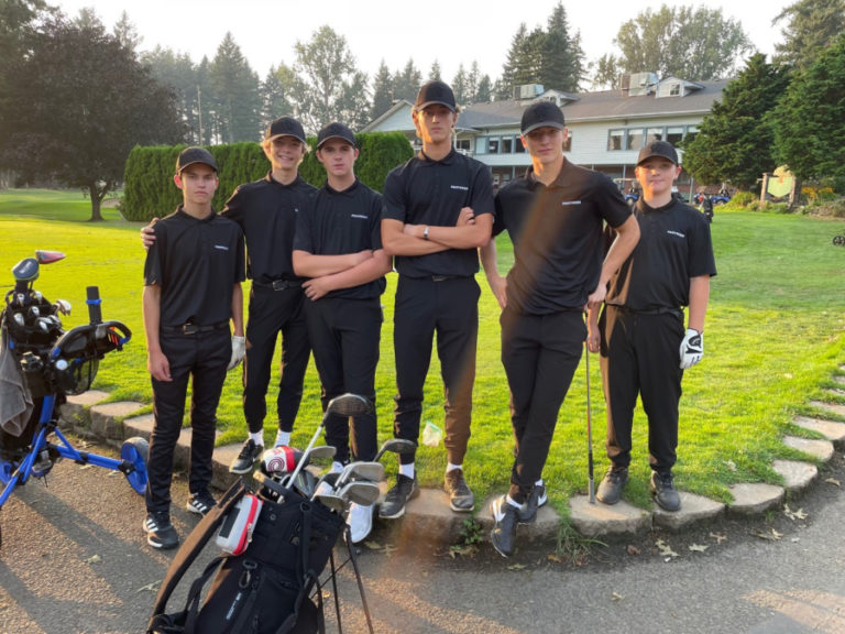 Members of the Washougal High School boys golf team gather after a match against Hockinson High School at Orchard Hills Golf Course on Monday, Sept. 12, 2022. Pictured from left to right are: Trenton Maddox, Mason Acker, Brayden Kassel, Keagan Payne, Mather Minnis and Willlll Love.