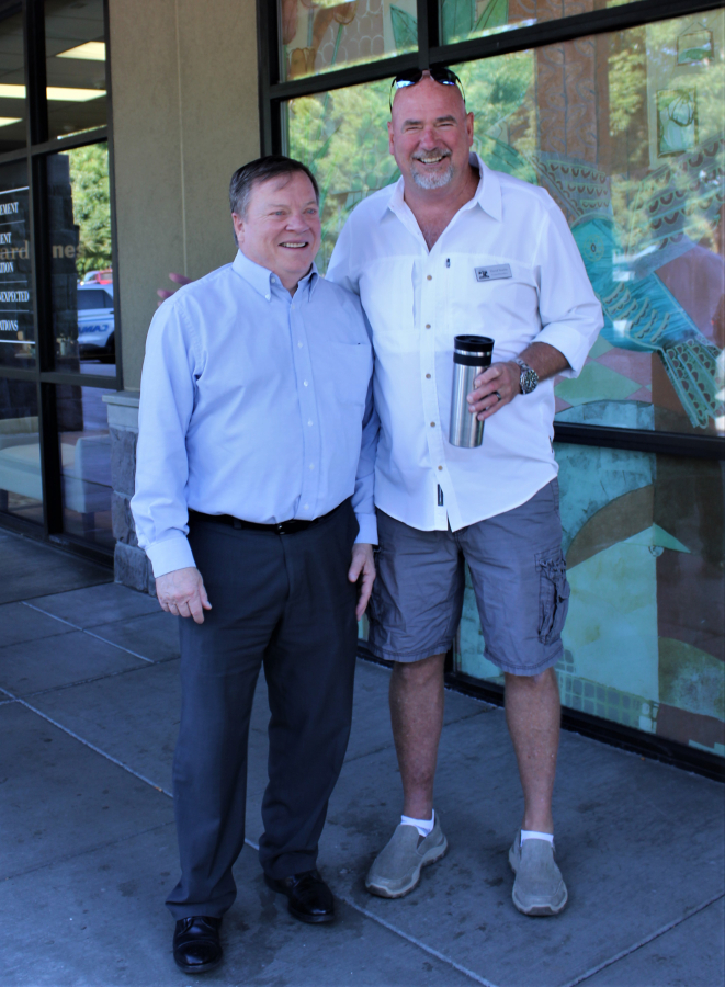 Washougal Mayor Pro Tem David Stuebe (right) and Camas Mayor Steve Hogan (left) attend a "Coffee with a Cop" event at a Washougal Starbucks on Friday, Sept. 23, 2022.