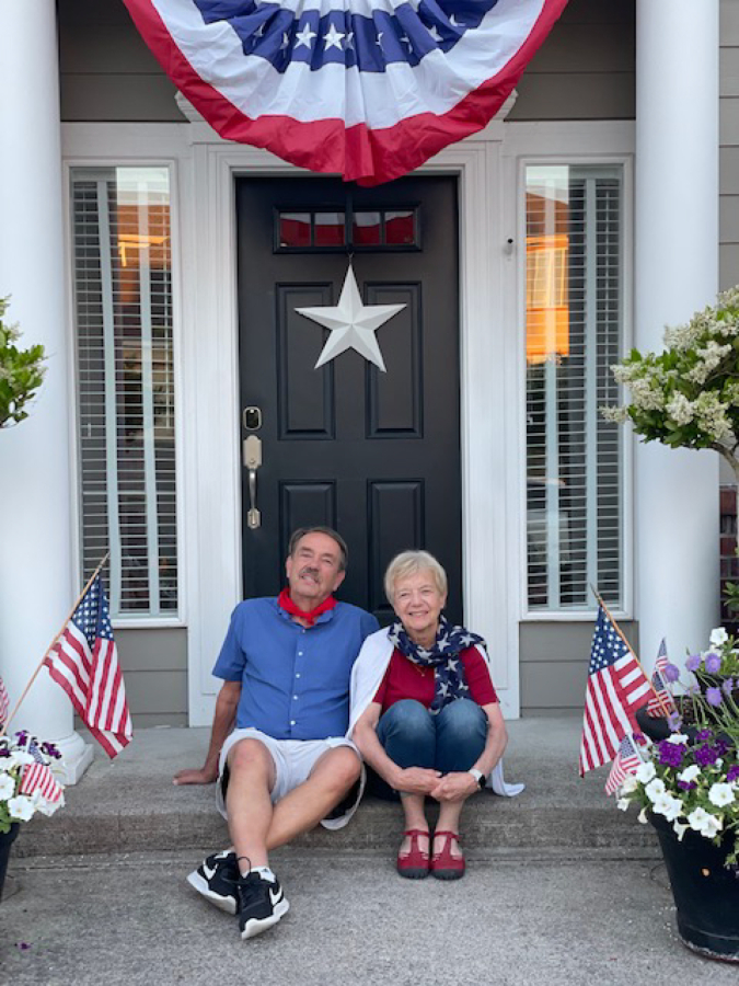 Lloyd (left) and Ulrike Halverson sit in front of their Camas home on July 4, 2022.