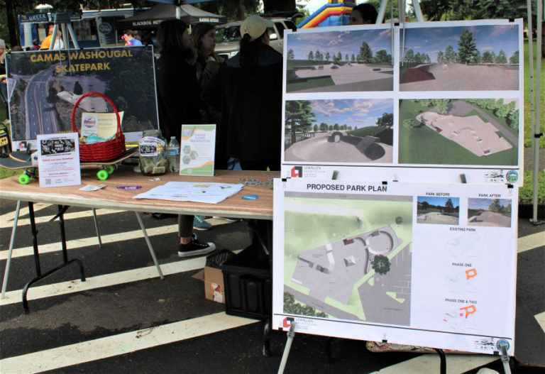A booth at the Camas Camtown Youth Festival in Crown Park on June 4, 2022, shows proposed plans for the Camas Skate Park, which could soon replace aging skateboarding equipment with more durable, poured-concrete elements.