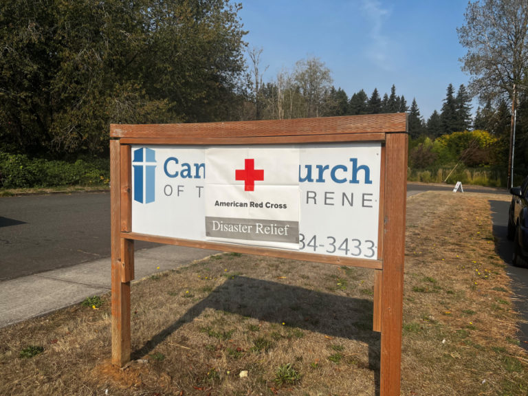 An American Red Cross disaster relief sign shows the way toward the Red Cross' Nakia Creek Fire evacuation shelter at the Camas Church of the Nazarene in Camas on Monday, Oct. 17, 2022.