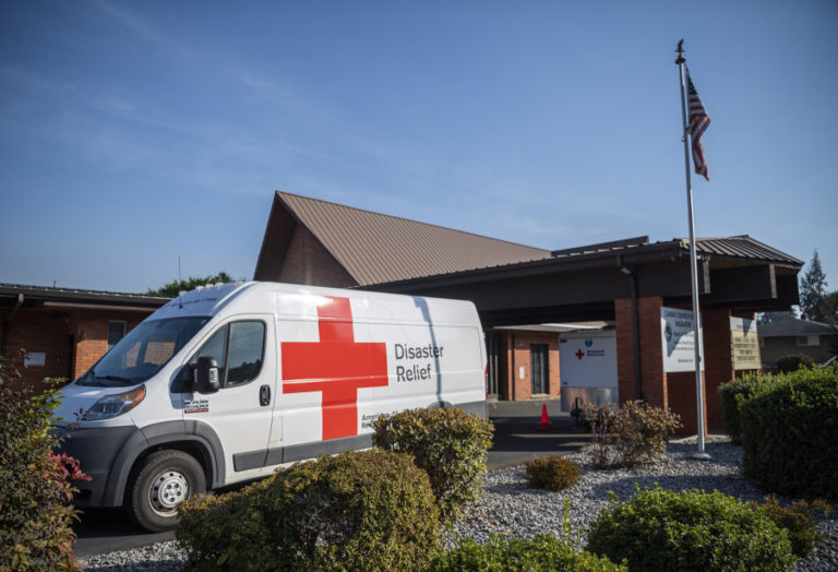 An American Red Cross Disaster Relief van sits outside a Nakia Creek Fire evacuee shelter at the Camas Church of the Nazarene on Monday, Oct.. 17, 2022.