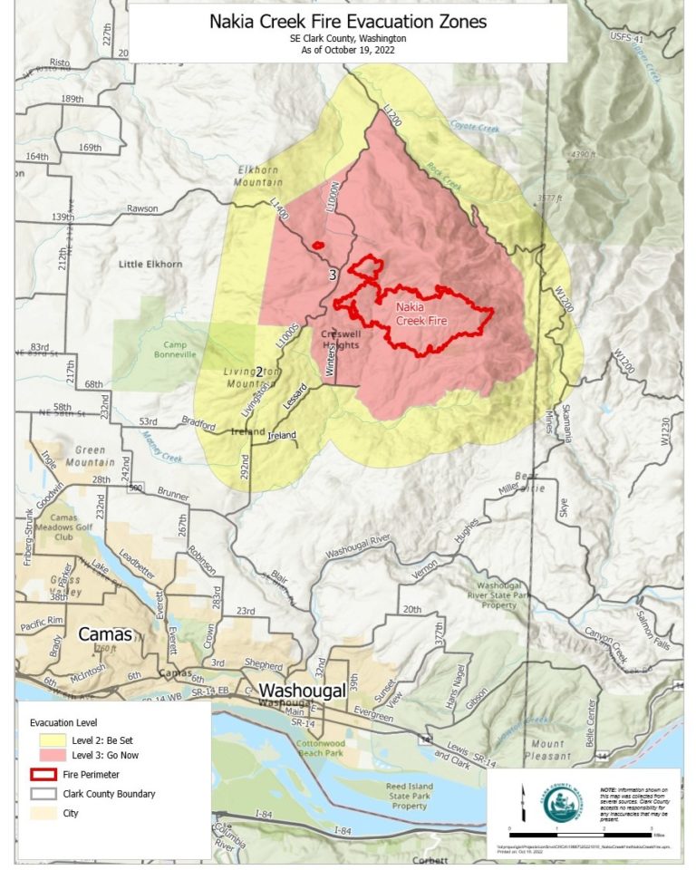 Clark County Emergency Services Agency (CRESA) released this map on Wednesday, Oct. 19, 2022, showing a reduction in the evacuation zones surrounding the Nakia Creek Fire north of Camas-Washougal.
