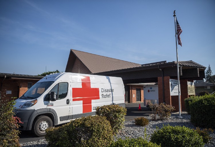 An American Red Cross Disaster Relief van sits outside a Nakia Creek Fire evacuee shelter at the Camas Church of the Nazarene on Monday, Sept. 17, 2022. (Contributed photo courtesy of Taylor Balkom/The Columbian)
