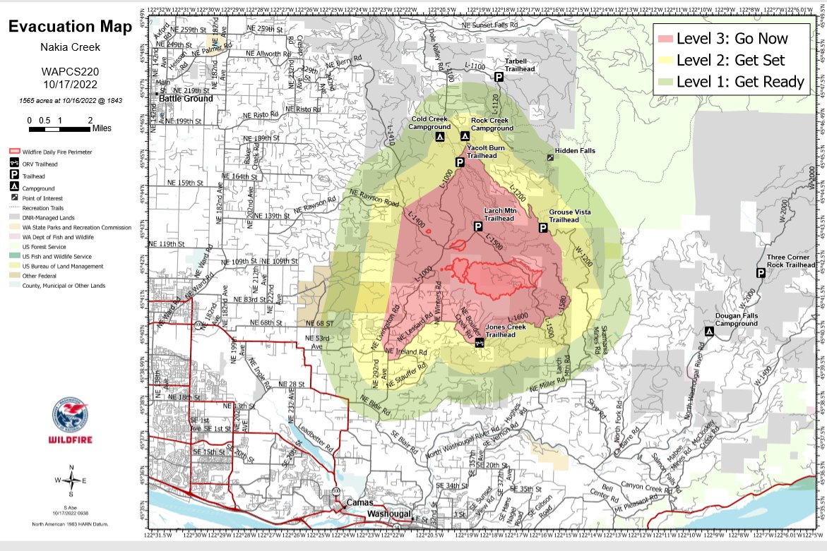 Nakia Creek fire at 1,565 acres; evacuation zones shrink Camas